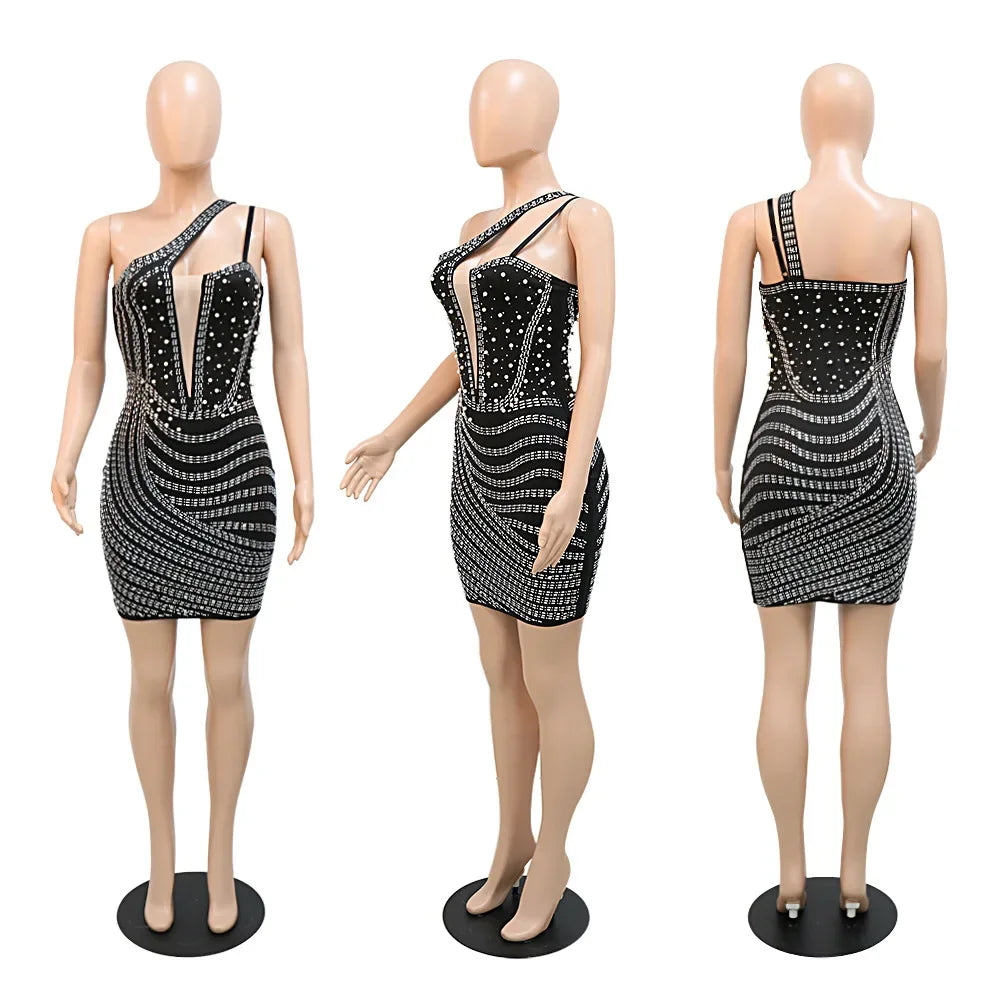 Diamond Rhinestones One Shoulder Dress